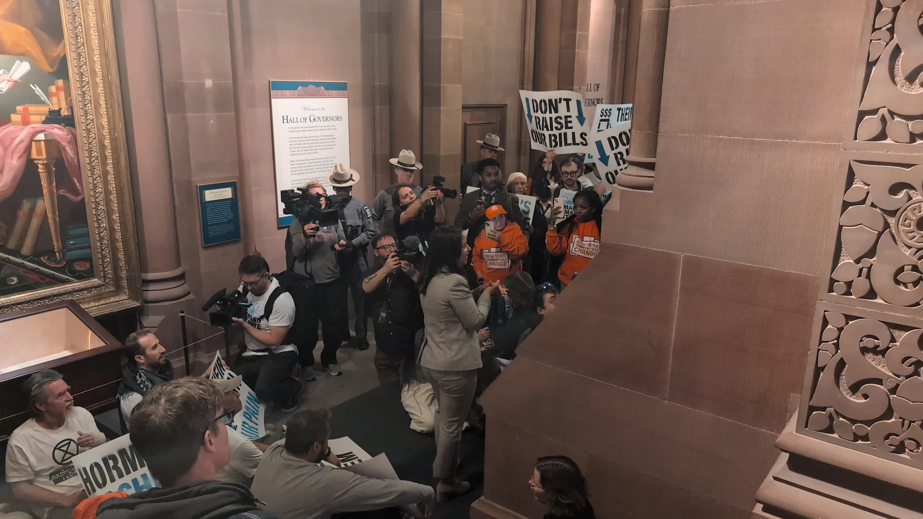 Arrests at climate protest interrupt AM Emerita Torres remarks outside Hochul's office at NYS Capitol April 21, 2026